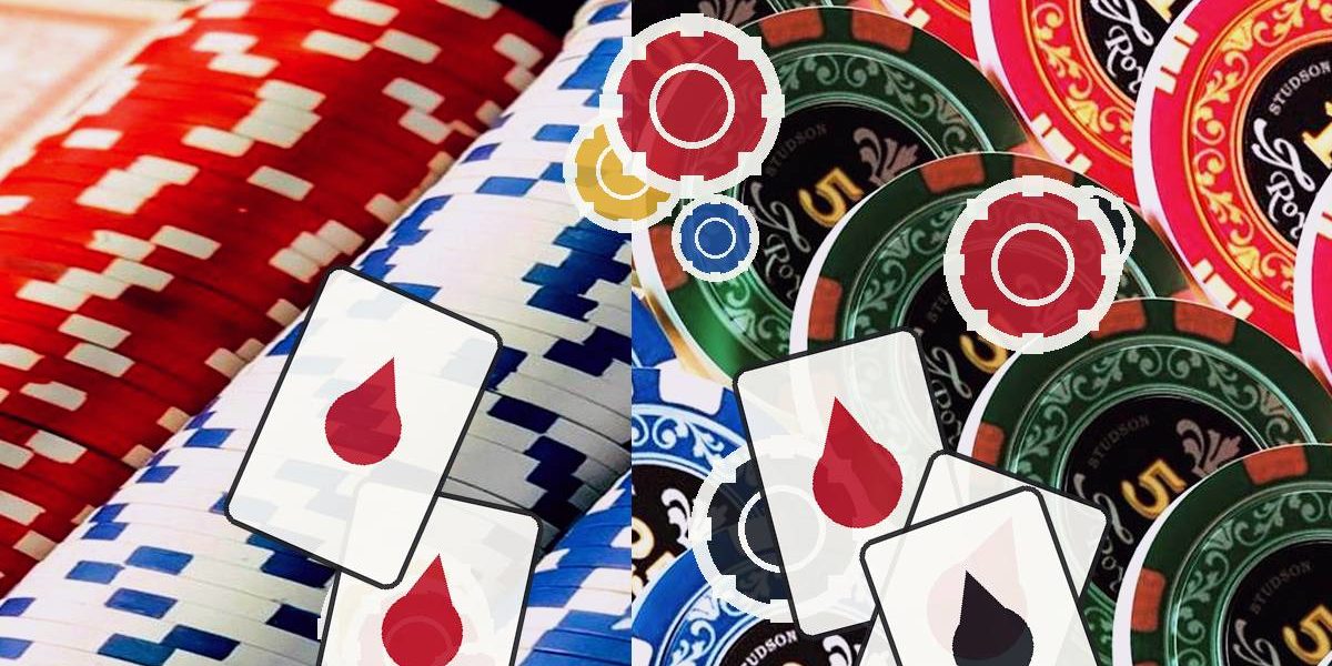 Poker chips in red, blue, and green with playing cards showing red blood-drop symbols on a casino table edge-to-edge.
