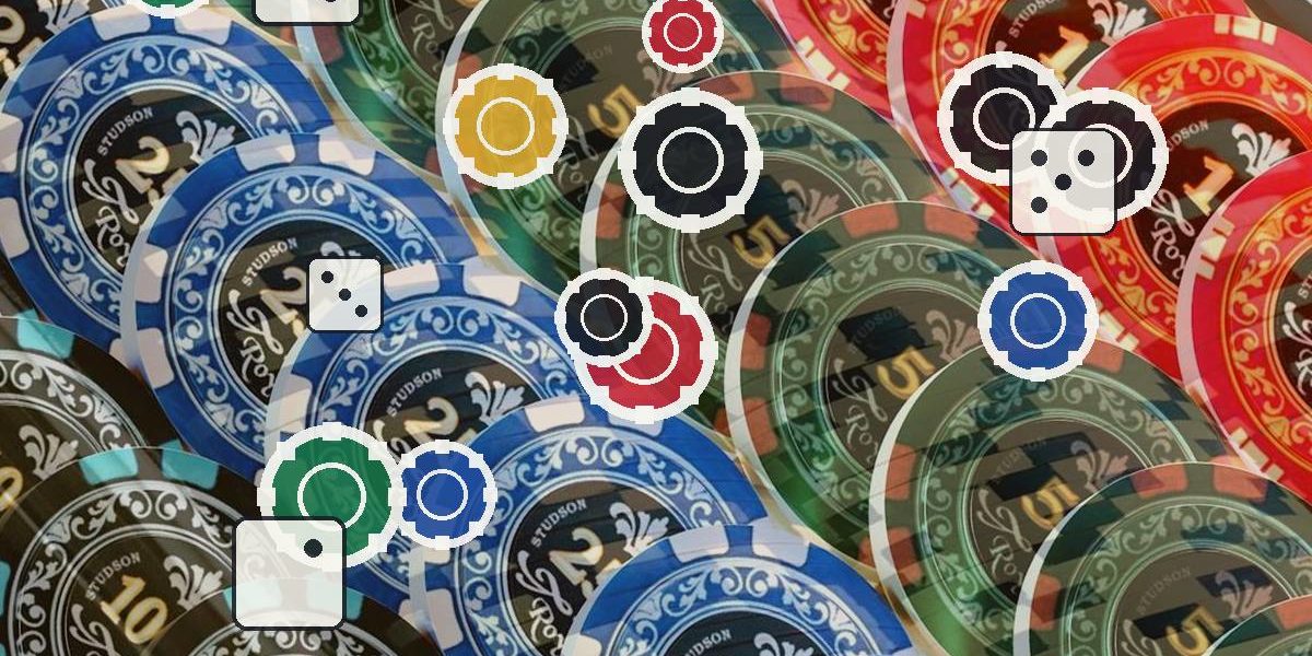 Colorful casino chips scattered with white outline icons (dice and circular tokens) overlaid on top.