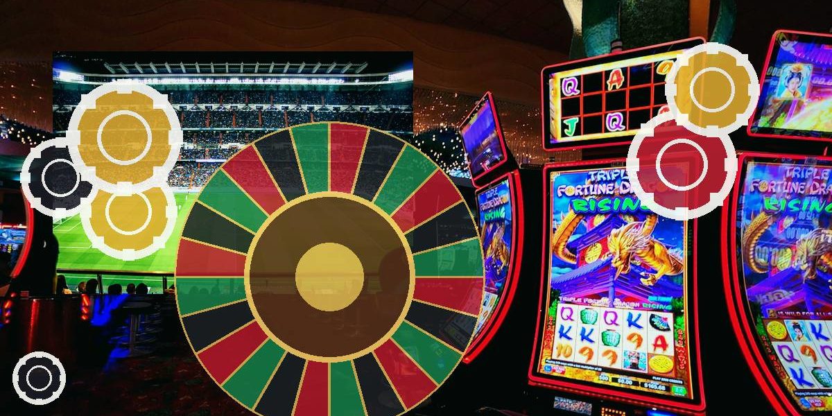 Colorful casino scene with a large spinning prize wheel beside glowing slot machines on a dark floor plan backdrop.