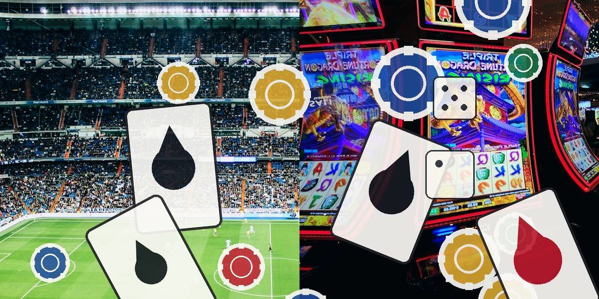 Split image: left side shows a soccer stadium with playing cards and poker chips; right side shows a casino with slot machines, chips, and a dice image.