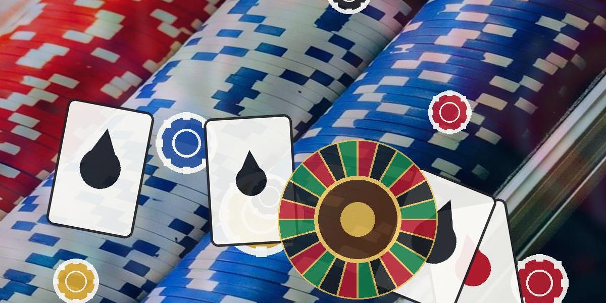 Casino collage showing playing cards, colorful poker chips, and a roulette wheel as overlay art.