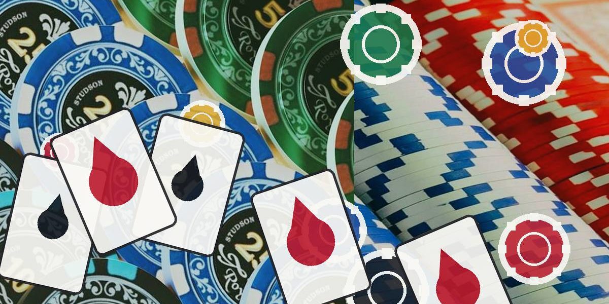 Casino-themed collage with colorful poker chips and playing cards showing red blood-drop symbols overlaid with circular icons.