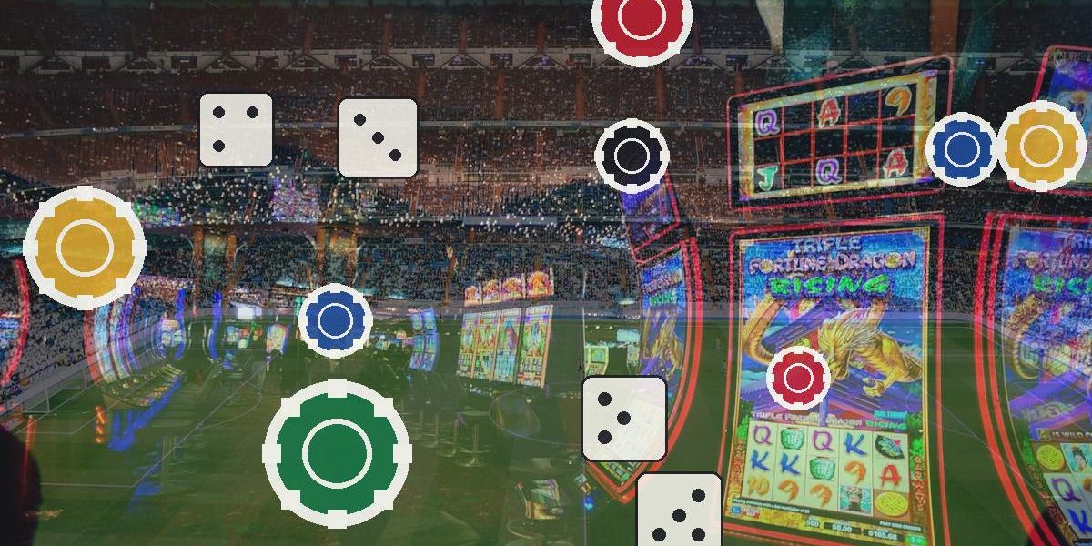 Stadium interior overlaid with casino imagery: colorful chips and dice icons float above slot machine graphics across the stands.