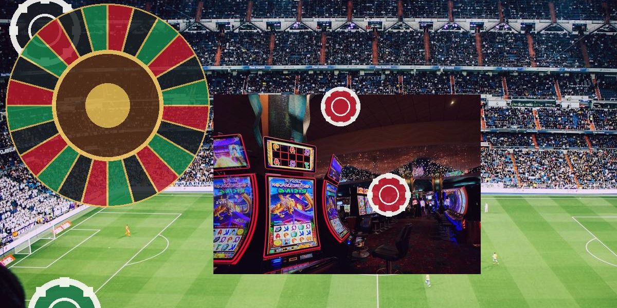 A football stadium with a giant colorful roulette wheel and casino imagery overlaid on the field, suggesting betting at sports events.