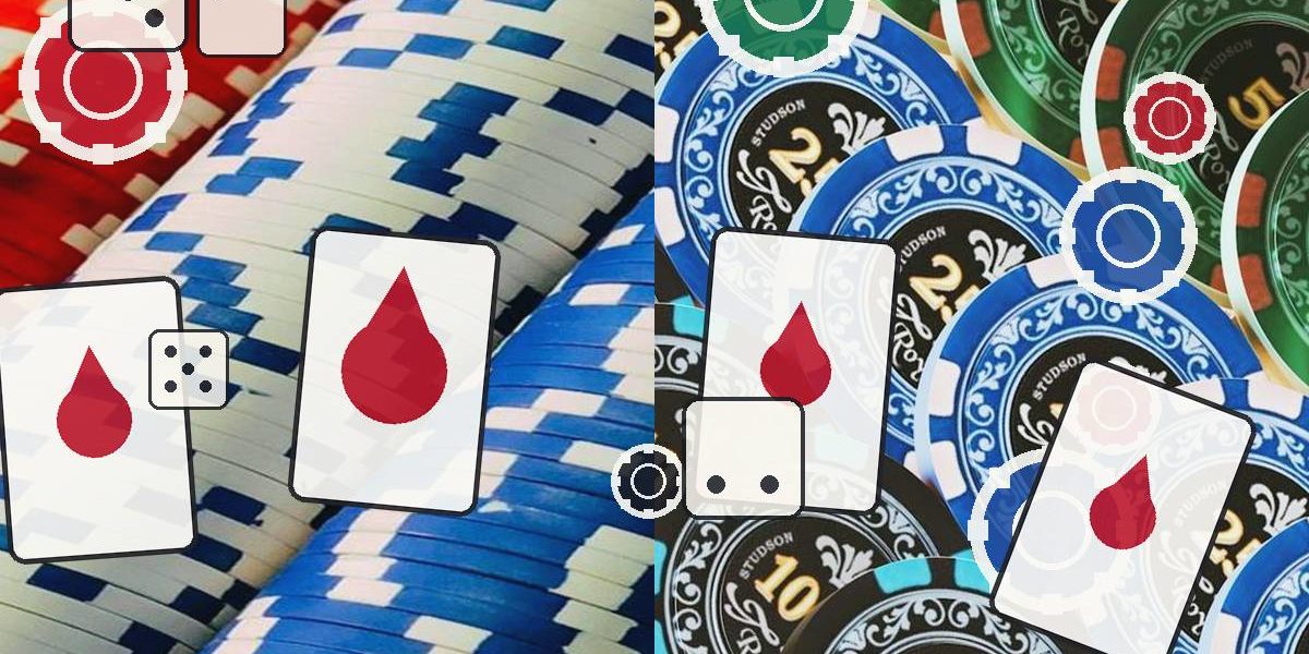 Collage of casino items: poker chips in red, blue, green, scattered playing cards with a red drop symbol and floating dice outlines.