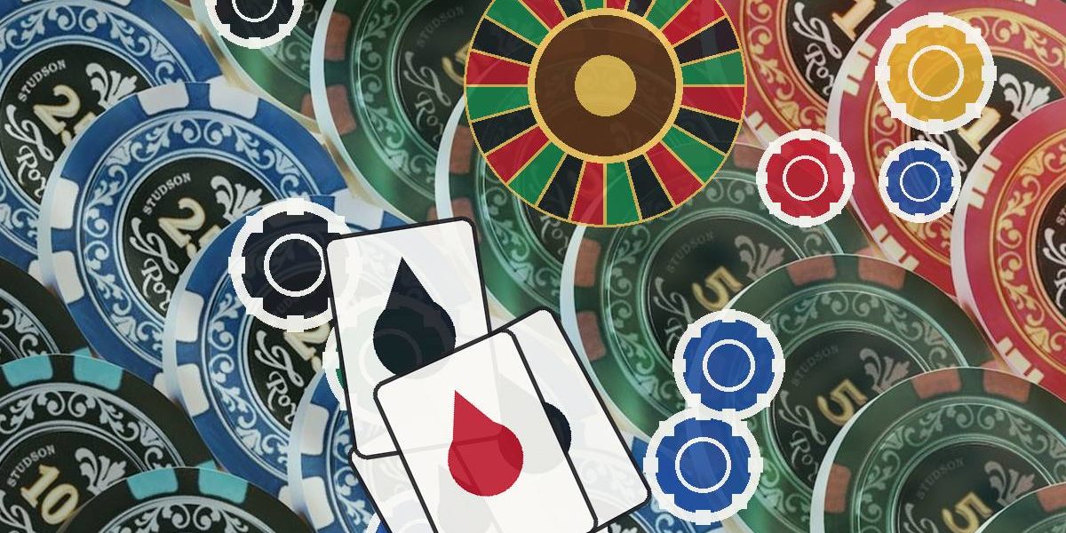 Casino scene with colorful poker chips, playing cards, and a roulette wheel in the background; suggests gambling theme.